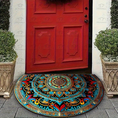 Semicircle Welcome Mat with Mandala Pattern Rug