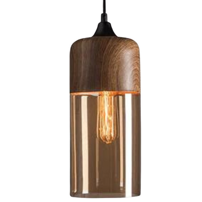 Rustic Wooden Pendant Light with Tinted Glass Shade