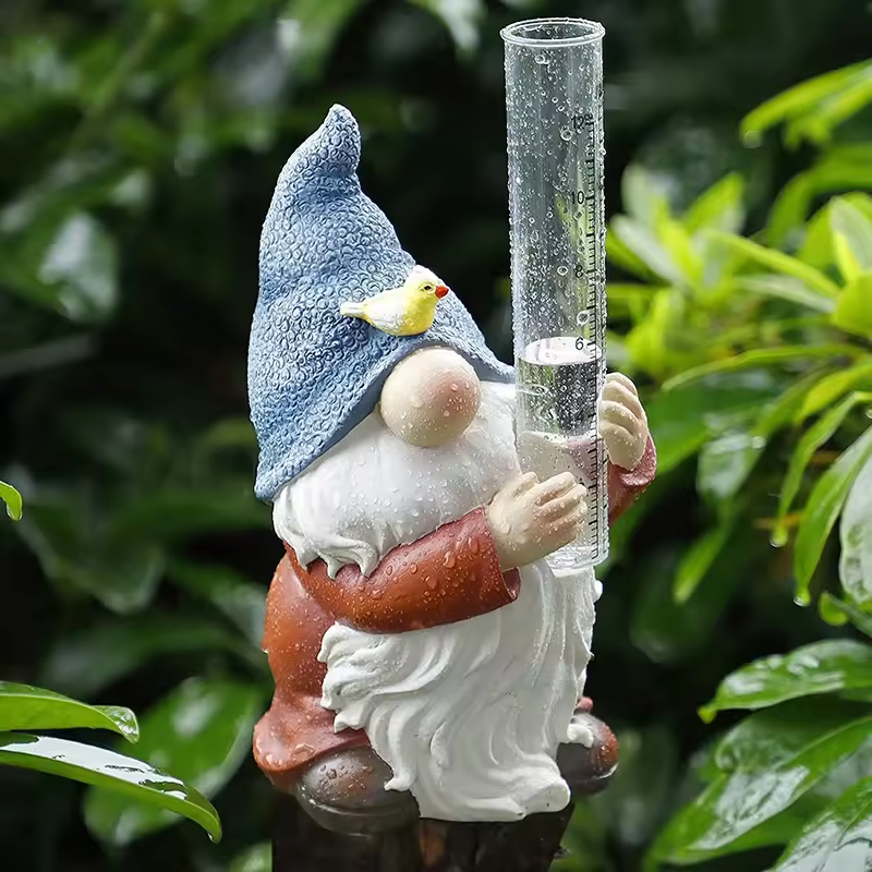 Fesara Cute Garden Gnome Rain Gauge Statue
