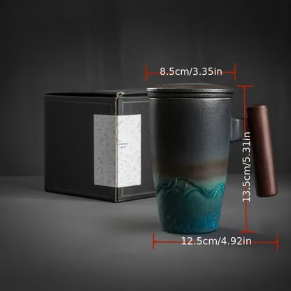 Vintage Style Ceramic Tea Mug with Infuser & Wood Grip