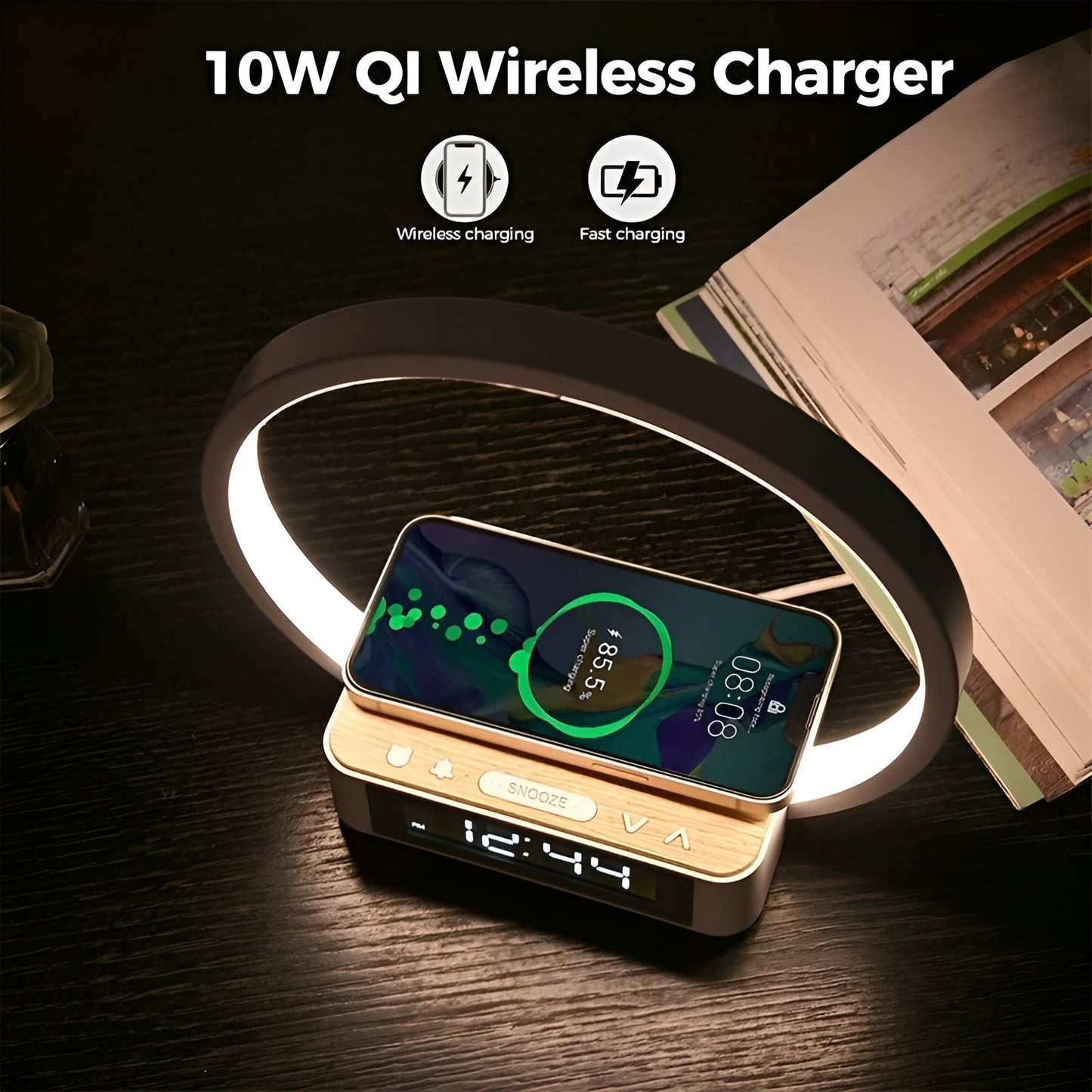 Stylish Desk Lamp with Wireless Charging and Clock