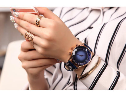 Elegant Navy Blue Diamond Leather Women's Watch