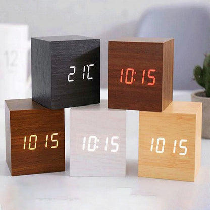 Smart LED Wooden Digital Alarm Clock with Sound Control - Fesara