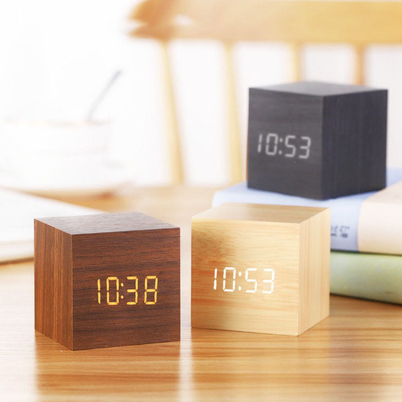 Smart LED Wooden Digital Alarm Clock with Sound Control