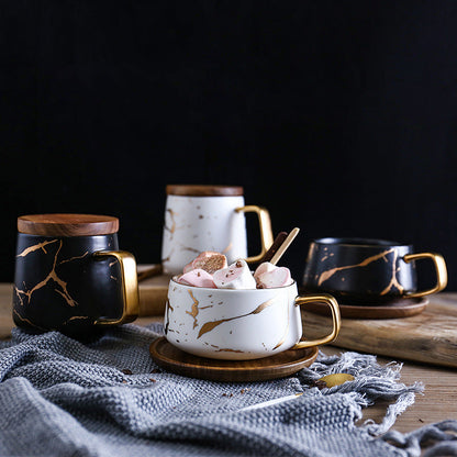 Elegant Gold Ceramic Coffee Mug Set with Wooden Plate - Fesara