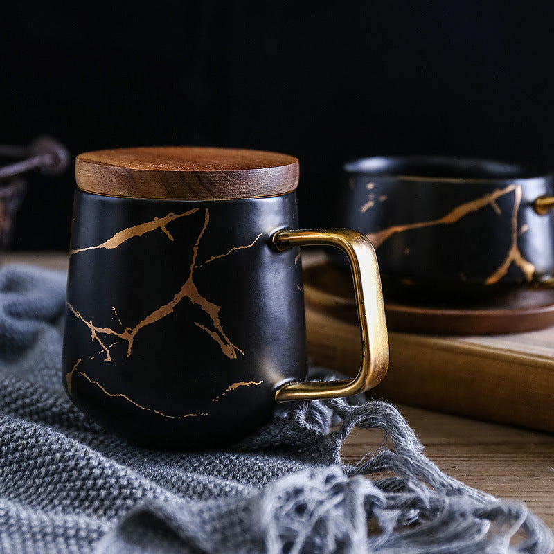 Elegant Gold Ceramic Coffee Mug Set with Wooden Plate
