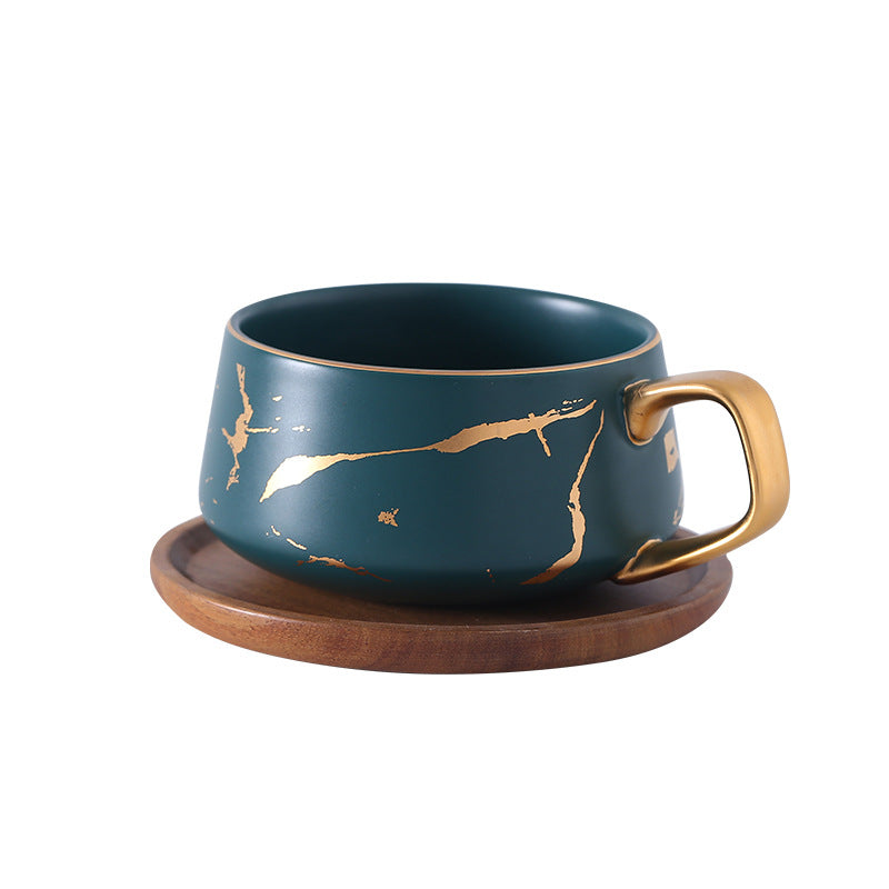 Elegant Gold Ceramic Coffee Mug Set with Wooden Plate