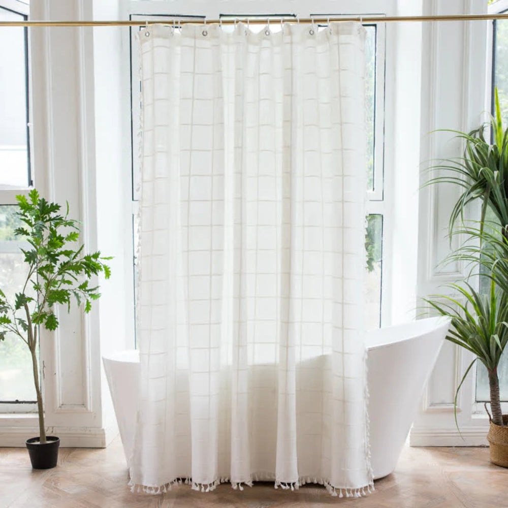Colorful Stripe Shower Curtain with Tassels Waterproof Bath Decor