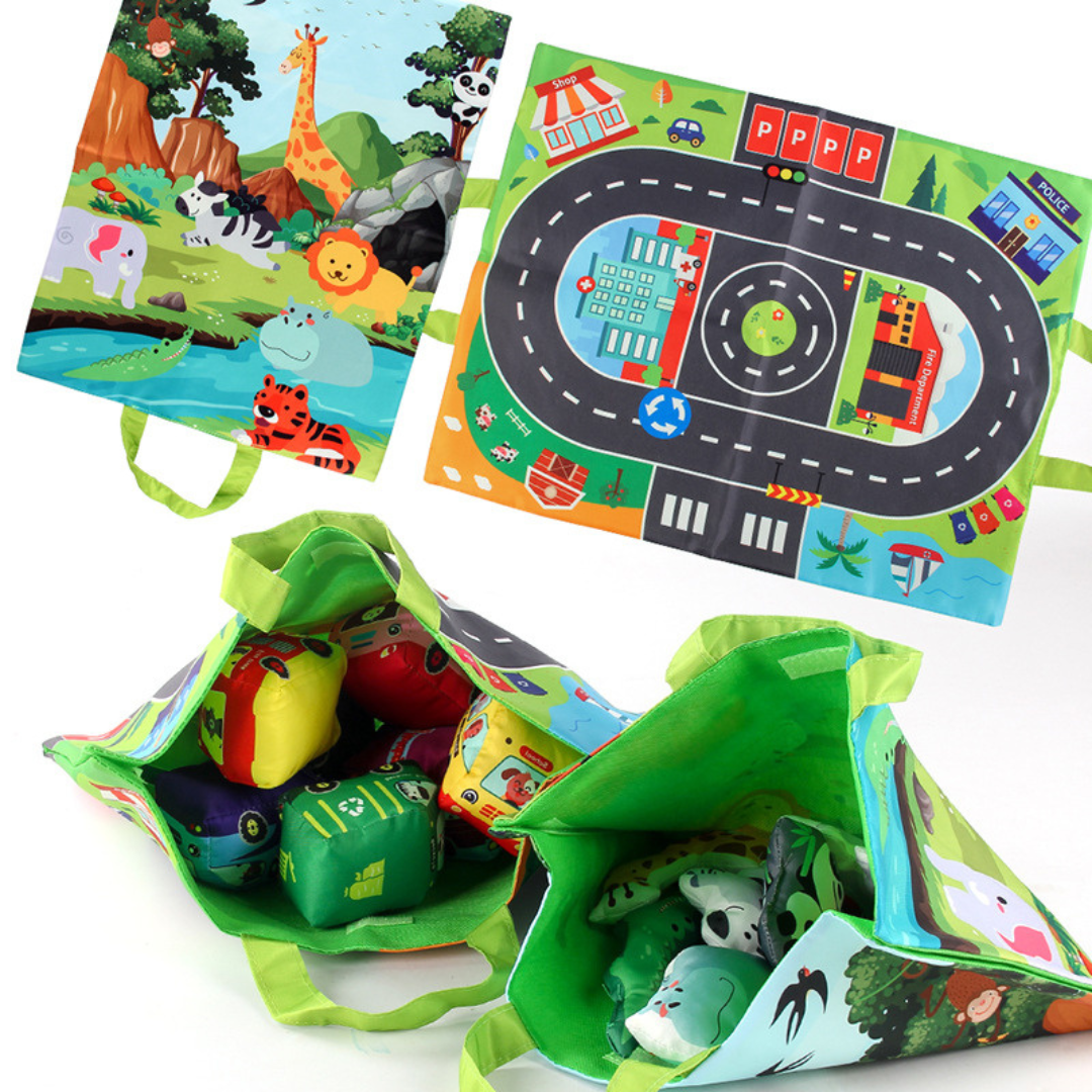Portable 2-in-1 Sensory Car Playset with Storage Bag