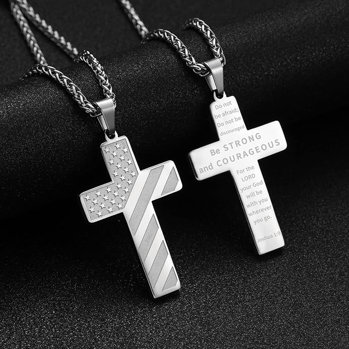Patriotic US Flag Cross Pendant Necklace