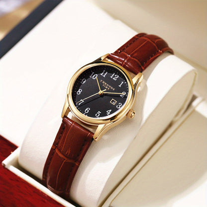 Classic Ladies Quartz Watch with Fake Leather Band