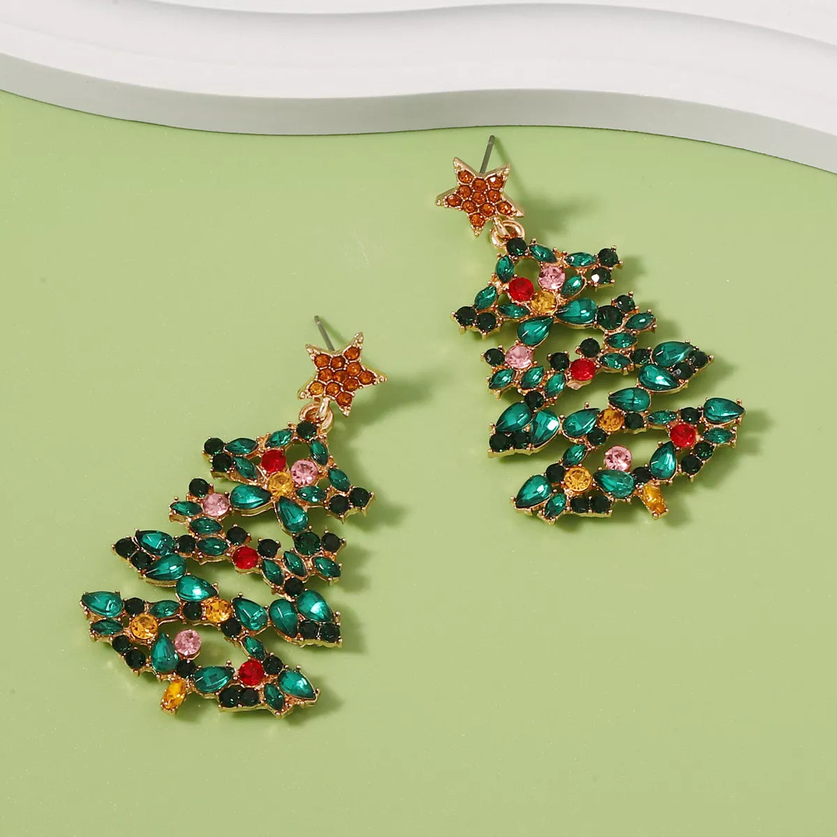 Sparkly Xmas Tree Dangle Earrings with Stones