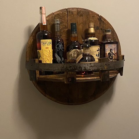 Rustic Oak Whiskey Barrel Storage Shelf