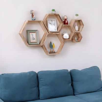 Rustic Wooden Wall Shelves 5-Piece Hexagon Set