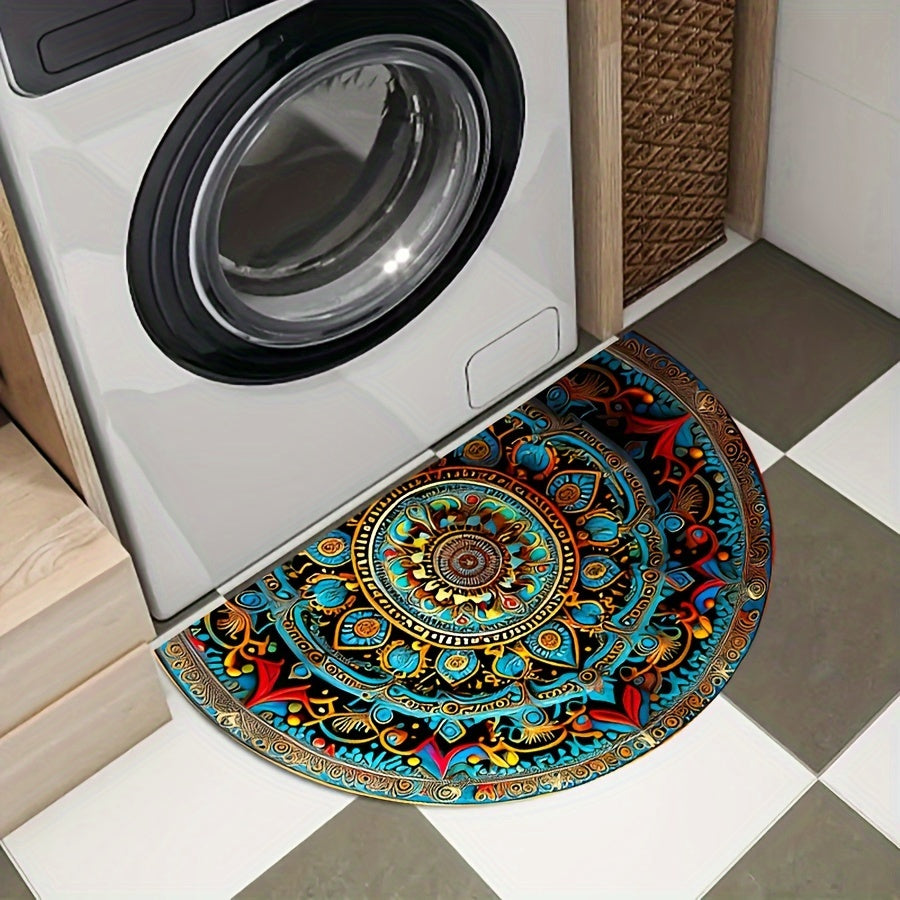 Semicircle Welcome Mat with Mandala Pattern Rug