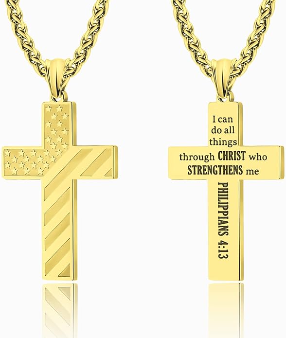 Patriotic US Flag Cross Pendant Necklace