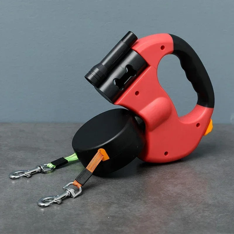 Reflective Double Dog Lead with LED Light and Pouch - Fesara
