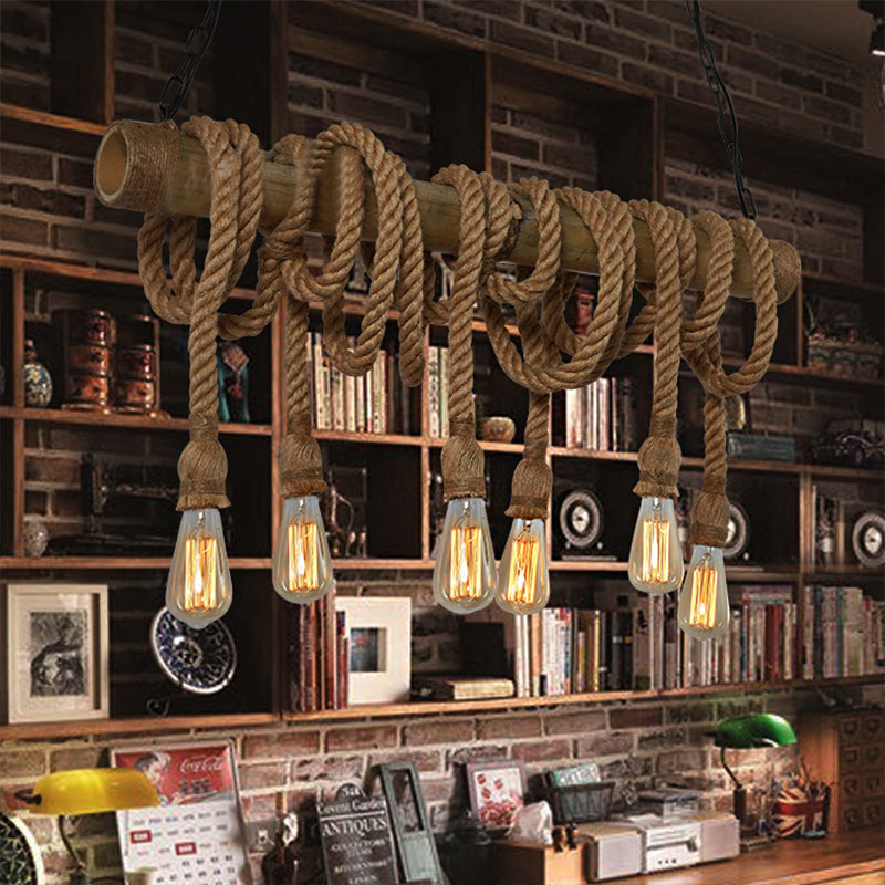 Rustic Adjustable Bamboo Ceiling Light with Rope Cord