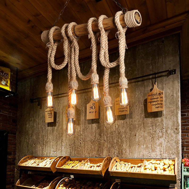 Rustic Adjustable Bamboo Ceiling Light with Rope Cord