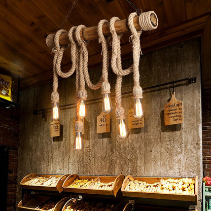 Rustic Adjustable Bamboo Ceiling Light with Rope Cord