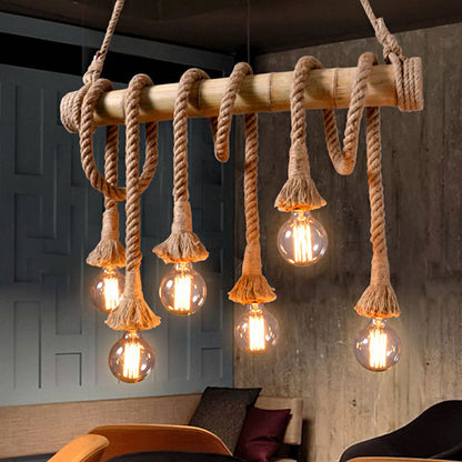 Rustic Adjustable Bamboo Ceiling Light with Rope Cord