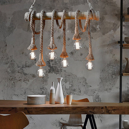 Rustic Adjustable Bamboo Ceiling Light with Rope Cord