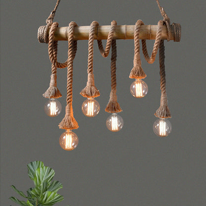 Rustic Adjustable Bamboo Ceiling Light with Rope Cord
