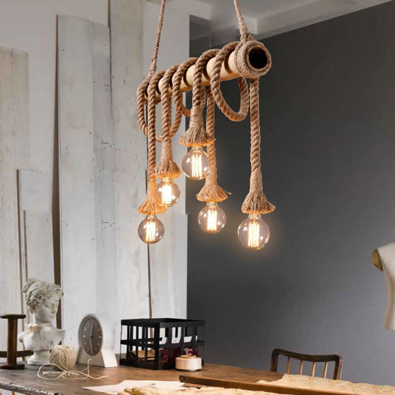 Rustic Adjustable Bamboo Ceiling Light with Rope Cord