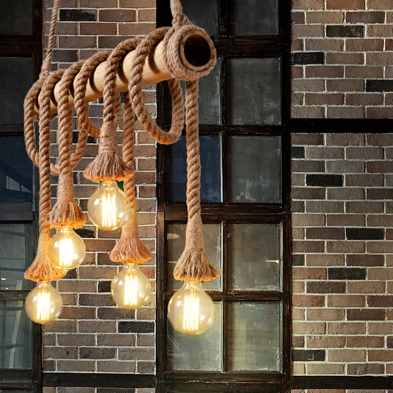 Rustic Adjustable Bamboo Ceiling Light with Rope Cord