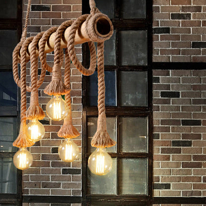 Rustic Adjustable Bamboo Ceiling Light with Rope Cord