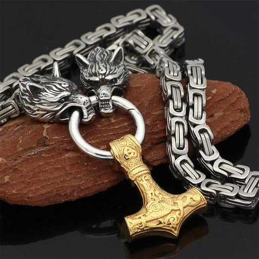 Strong Viking Thor Necklace with Double Wolf Pendant - Fesara