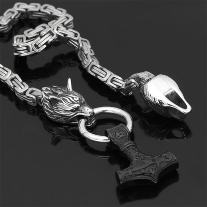 60–90 cm Edelstahl Doppel Wolfskopf & Mjolnir Überlebensgeist Halskette/Armband 1