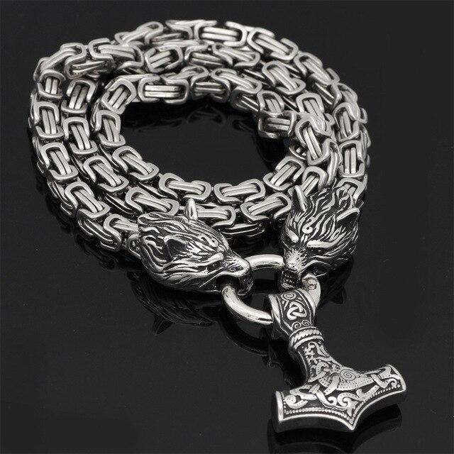 60–90 cm Edelstahl Doppel Wolfskopf & Mjolnir Überlebensgeist Halskette/Armband 2