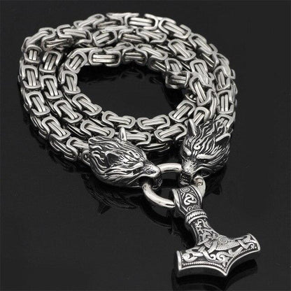 60–90 cm Edelstahl Doppel Wolfskopf & Mjolnir Überlebensgeist Halskette/Armband 2