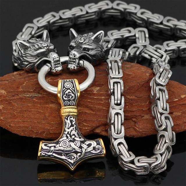 60–90 cm Edelstahl Doppel Wolfskopf & Mjolnir Überlebensgeist Halskette/Armband 3