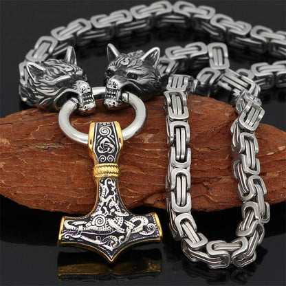 60–90 cm Edelstahl Doppel Wolfskopf & Mjolnir Überlebensgeist Halskette/Armband 3
