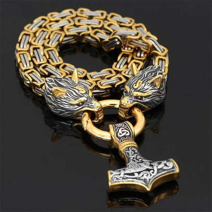 60–90 cm Edelstahl Doppel Wolfskopf & Mjolnir Überlebensgeist Halskette/Armband 5