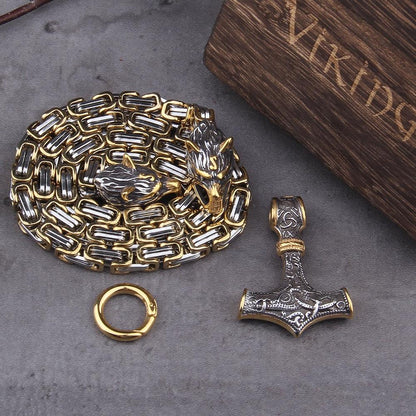 60–90 cm Edelstahl Doppel Wolfskopf & Mjolnir Überlebensgeist Halskette/Armband 6