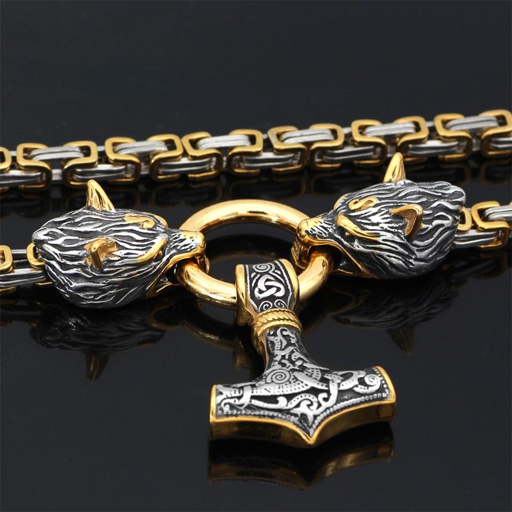 60–90 cm Edelstahl Doppel Wolfskopf & Mjolnir Überlebensgeist Halskette/Armband 7