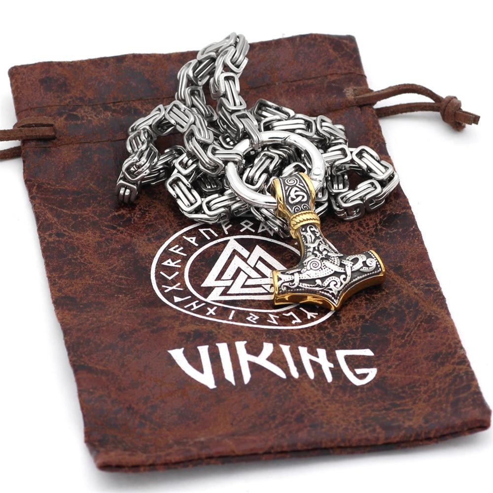 60–90 cm Edelstahl Doppel Wolfskopf & Mjolnir Überlebensgeist Halskette/Armband 9