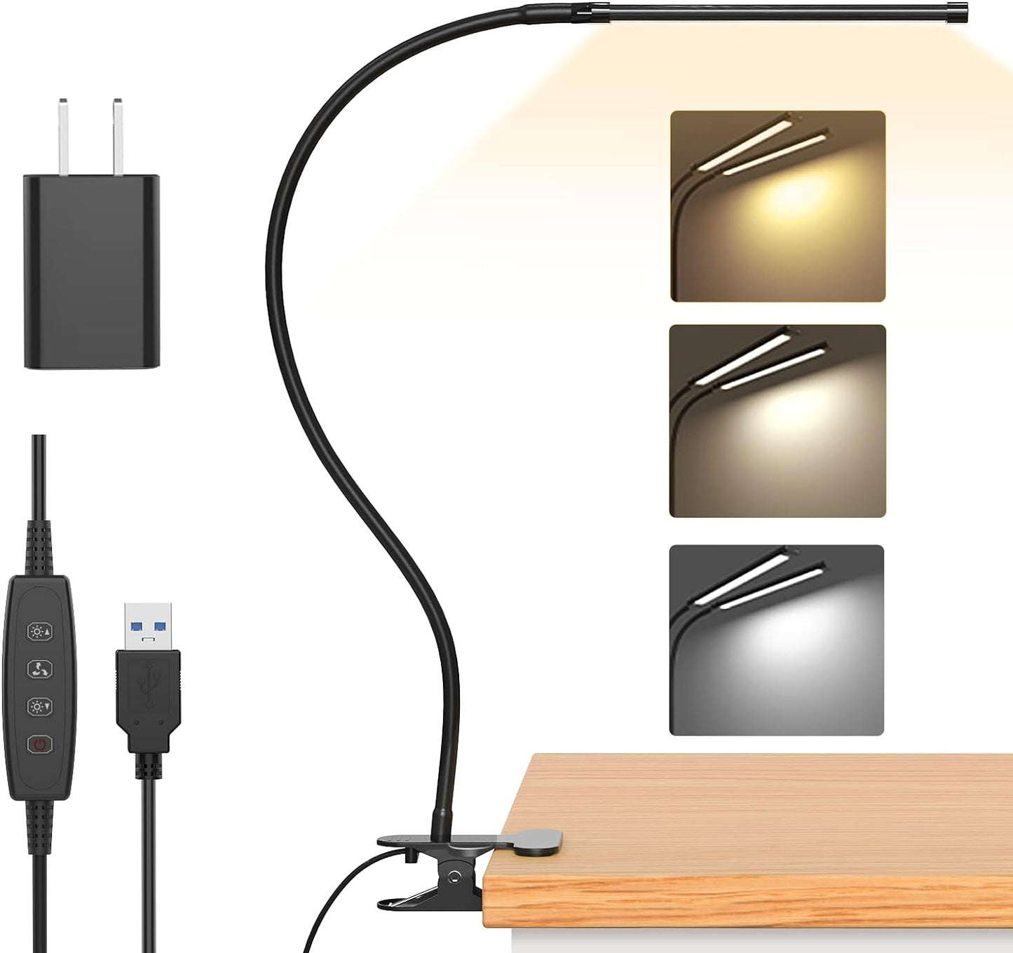 Bright LED Clamp On Desk Lamp with USB Port - Fesara
