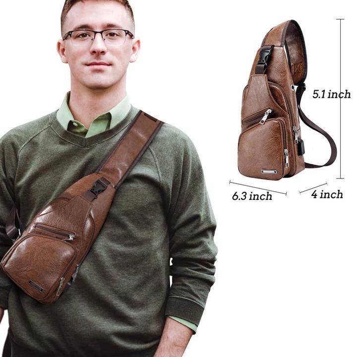 Big Mens Leather Chest Bag Waterproof Laptop Backpack