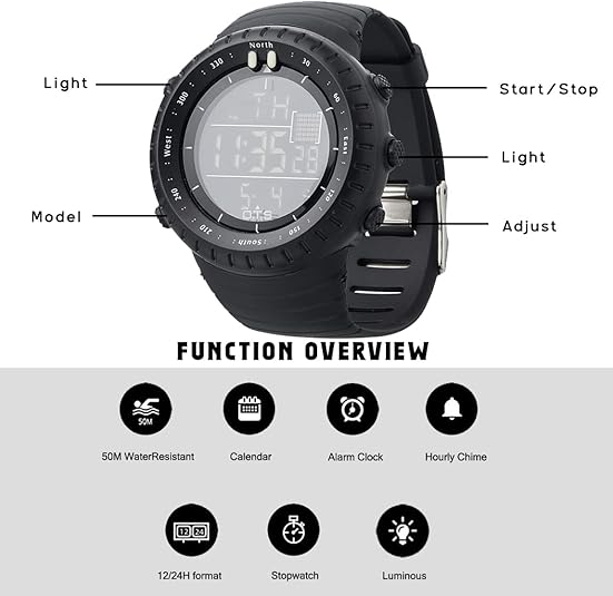 Rugged Men's Water Resistant Sports Watch with LED Light