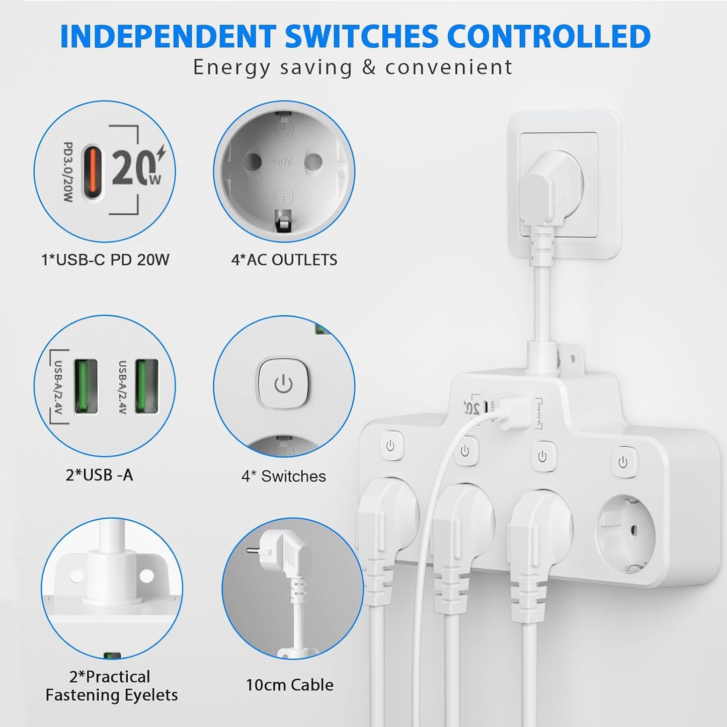 Flexible Wall Mount Outlet with USB Charging Station
