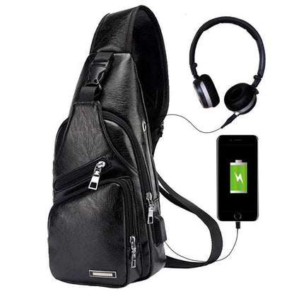 Big Mens Leather Chest Bag Waterproof Laptop Backpack
