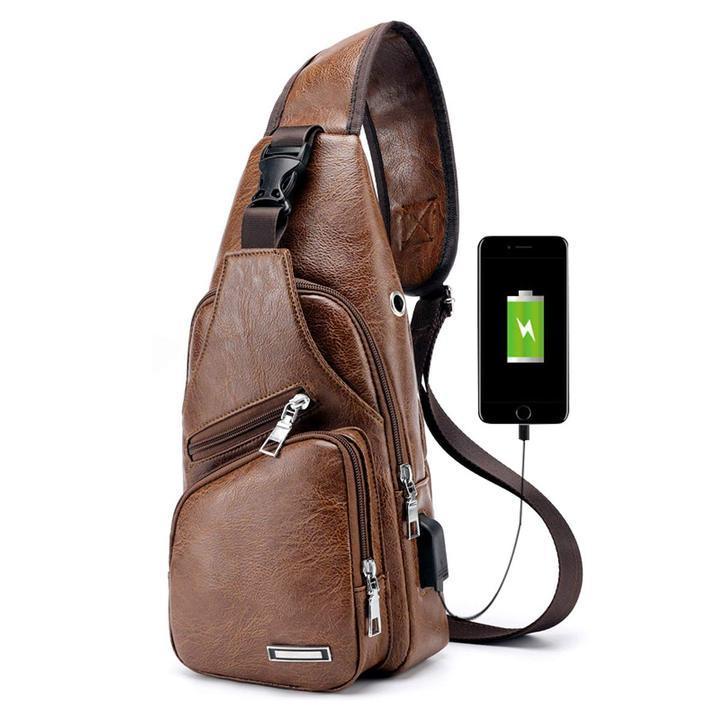 Big Mens Leather Chest Bag Waterproof Laptop Backpack