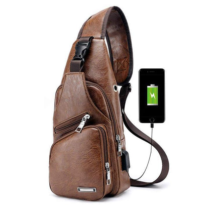 Big Mens Leather Chest Bag Waterproof Laptop Backpack
