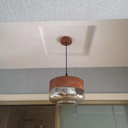 Rustic Wooden Pendant Light with Tinted Glass Shade