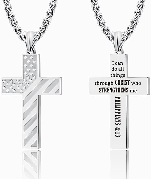 Patriotic US Flag Cross Pendant Necklace