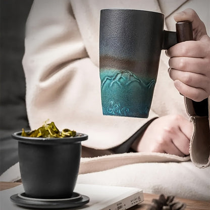 Vintage Style Ceramic Tea Mug with Infuser & Wood Grip